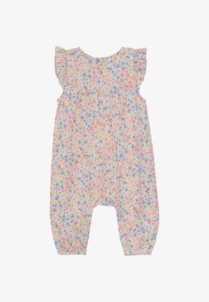 Kwiatowy romper w pastelowych kolorach, z falbaniastymi rękawami, zgromadzonym biustem i elastycznymi mankietami przy kostkach dla wygody.