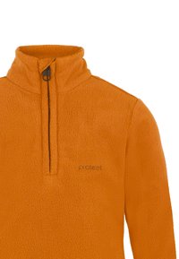 Pullover in pile arancione con collo a zip quarti e logo "protesta" ricamato sul petto.