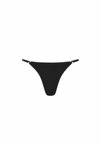 Czarny bikini dół w formie stringów z cienkimi bocznymi paskami i gładką fakturą. Minimalistyczny design bez widocznych wzorów czy akcentów.