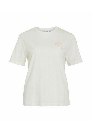 T-shirt blanc à manches courtes et col rond avec un petit texte et un graphisme couleur pêche sur le côté gauche de la poitrine.