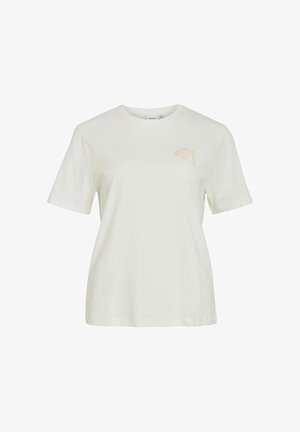 T-shirt blanc à manches courtes et col rond avec un petit texte et un graphisme couleur pêche sur le côté gauche de la poitrine.