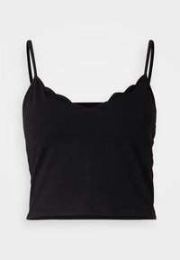 Top corto senza maniche di colore nero, realizzato in tessuto morbido, con scollatura ondulata e spalline sottili, caratterizzato da una superficie semplice e liscia.