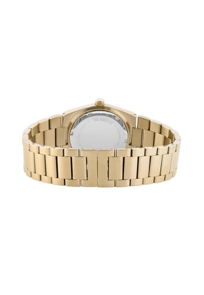 Guldfarvet armbåndsur med metal kæde. Har en hexagonal urkasse og gennemsigtig bagside. Minimalistisk design, poleret finish.