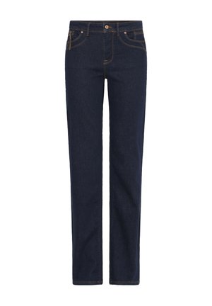 Tmavomodré rifle s rovnými nohavicami, predným gombíkom a zipsom, piatimi vreckami a viditeľným oranžovým prešitím.