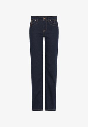 Jeans blu scuro a gamba dritta con bottone e cerniera frontali, cinque tasche e cuciture arancioni visibili.