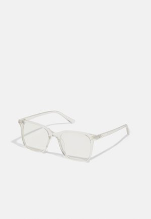Heldere plastic vierkante monturen met doorzichtige glazen, gekenmerkt door gouden accenten op de slapen voor extra detail.