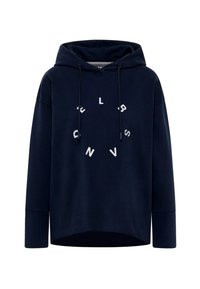 Navy blue hoodie featuring a large circular graphic with white letters. Thick drawstrings and a relaxed, slightly cropped fit. Soft material.