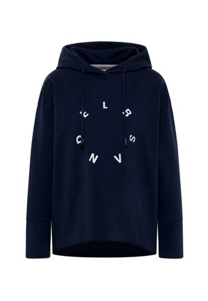 Marineblauer Hoodie mit großem rundem Motiv und weißen Buchstaben. Dicke Kordeln und eine lockere, leicht verkürzte Passform. Weiches Material.