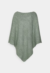 Miękki zielony dziergany ponczo z szerokim dekoltem w kształcie łódki i zaostrzonym dołem, zaprojektowany do noszenia na co dzień.