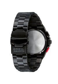 Montre en acier inoxydable noir avec un design élégant, dotée d'un bracelet maillé, d'un boîtier rond et d'un bouton d'accent rouge. Dos gravé avec "BREIL Abarth."