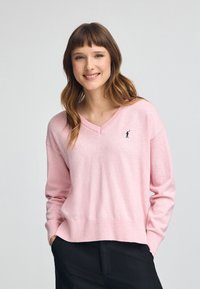 Maglione rosa chiaro con scollo a V e maniche lunghe, caratterizzato da un piccolo logo nero sul petto e orlo a coste. Morbido al tatto e vestibilità comoda.