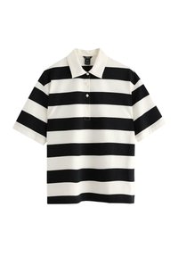 Stribet polo skjorte i sort og hvid, lavet af bomuld, med klassisk krave, tre-knaps lukning og korte ærmer.