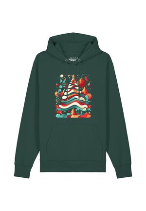 Sweat à capuche vert foncé avec un design abstrait coloré d’un sapin de Noël comprenant des étoiles, des ornements et des formes festives en tons rouges, blancs et bleu sarcelle.