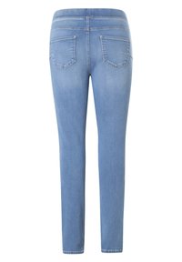 Lichtblauwe spijkerbroek van denim met een gladde textuur, aansluitend ontwerp en twee achterzakken, met een middelhoge tailleband en taps toelopende pijpen.