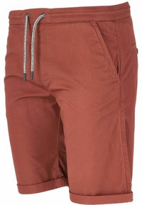Bruna shorts gjorda av lättviktsmaterial, med resårmidja och svart och vit dragkedja, sidofickor och vikta fållar.