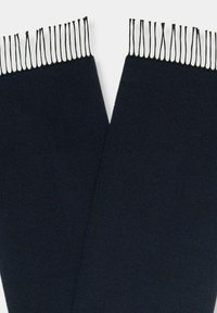 Sciarpa blu navy realizzata in materiale morbido, con bordi dritti e delicati frange per texture e dettaglio.