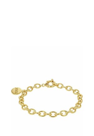 Pulsera de cadena de metal dorado con eslabones ovalados, que cuenta con un cierre de langosta y una etiqueta redonda con texto en relieve. Acabado suave y brillante.