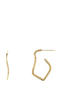 Orecchini in metallo dorato con un design astratto e elegante. Un orecchino presenta una forma curva; l'altro è ondulato e allungato.