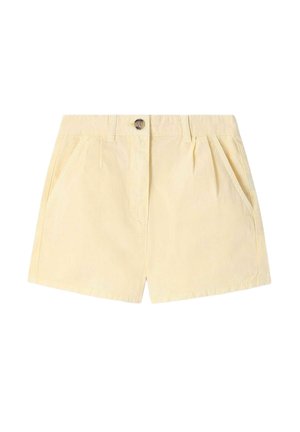 Short décontracté jaune clair avec poches avant, passants de ceinture, fermeture par bouton et détails plissés à la taille.