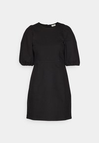 Robe noire avec manches bouffantes, encolure ronde, corsage près du corps et ourlet à la hauteur du genou. Réalisée en tissu lisse sans motifs ni embellissements visibles.