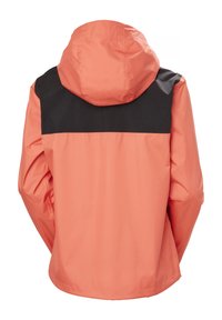 Wodoodporna kurtka w kolorze koralowym z czarną górną częścią. Posiada kaptur i elastyczne mankiety, wykonana z gładkiego, lekkiego materiału.