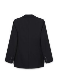 Blazer nero con maniche lunghe, rever a punta, apertura singola sul retro e quattro bottoni decorativi su ogni polsino. Tessuto dalla consistenza liscia.