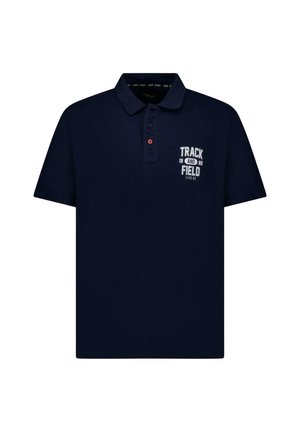 Navyblauwe polo gemaakt van katoen, met een drieknops sluiting, geborduurd "TRACK AND FIELD" logo en contrasterende oranje knopen.