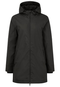 Czarna wodoodporna kurtka z kapturem, z przednim zamkiem błyskawicznym i kieszeniami po bokach. Posiada gładką teksturę oraz luźny, nieco oversize'owy krój.