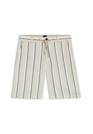 Beige Shorts mit vertikalen weißen und grauen Streifen, Vorderentaschen, Knopfverschluss, Gürtelschlaufen und einem beigen Kordelzug an der Taille.