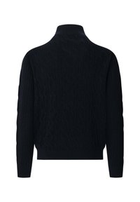Maglione blu navy a treccia con collo alto, dotato di maniche a costine e un motivo testurizzato su tutta la stoffa.