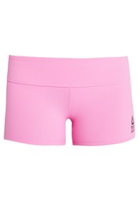 Růžové sportovní šortky z elastické látky s širokým pasem a malým černým logem na spodní levé straně.