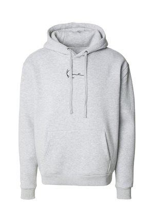 Felpa grigia con cappuccio, dotata di tasca frontale, stringhe e un piccolo logo nero sul petto. Realizzata in tessuto morbido e testurizzato.