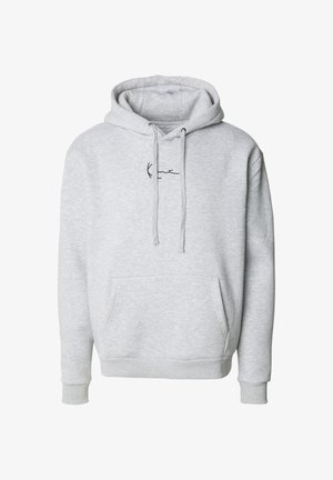 Grå hettegenser med lomme foran, snorer og en liten svart logo på brystet. Laget av myk, teksturert stoff.