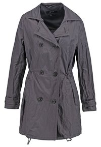 Manteau léger gris foncé croisé à six boutons, poches latérales, manches longues et cordons ajustables à l'ourlet.