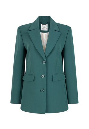 Himalayan blazer in teal met een geknoopte kraag, vijf knopen aan de voorkant en twee voorzakken. Gladde textuur en getailleerde pasvorm. Gevoerde binnenkant.