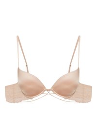 Beige satin push-up bra with lace back, adjustable straps, underwire support, and a decorative keyhole detail at the center front.