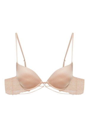 Beige Satin-Push-up-BH mit Spitze auf der Rückseite, verstellbaren Trägern, Stützunterwäsche und einem dekorativen Schlüssellochdetail in der Mitte vorne.