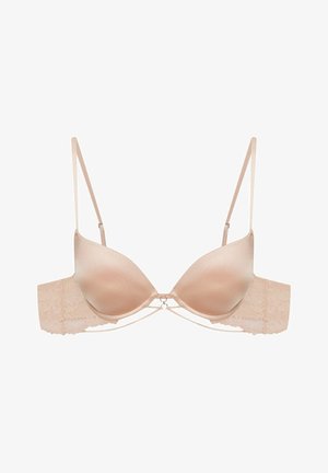 Beige Satin-Push-up-BH mit Spitze auf der Rückseite, verstellbaren Trägern, Stützunterwäsche und einem dekorativen Schlüssellochdetail in der Mitte vorne.