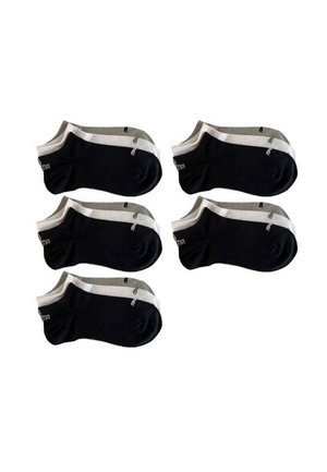 Fünf Paar Sportstrümpfe. Die Farben umfassen Schwarz und Grau. Jede Socke hat weiße Akzente und ein kleines Logo an der Seite.