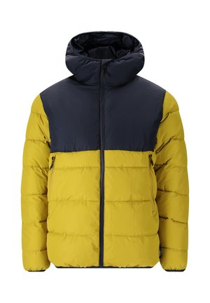 Opblaasjack met ritssluiting, met een marineblauwe bovenkant en een gele onderkant. Het heeft een capuchon en twee zijzakken met rits.