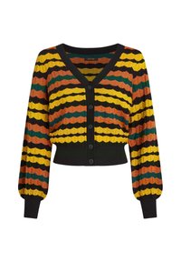 Gehäkelter Cardigan mit tiefem V-Ausschnitt, mehrfarbigen Streifen in Gelb, Orange, Grün und Schwarz sowie gerippten Bündchen und Saum. Fünf Knöpfe auf der Vorderseite.