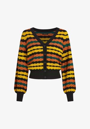 Cárdigan de ganchillo con escote en V profundo, rayas multicolores en amarillo, naranja, verde y negro, y puños y dobladillo acanalados. Cinco botones en la parte delantera.