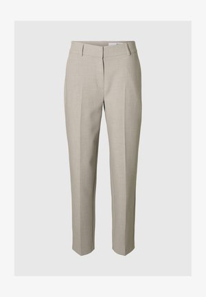 Lys beige skreddersydde bukser med glatt tekstur, med frontfolder, sidelommer og en rett benform.