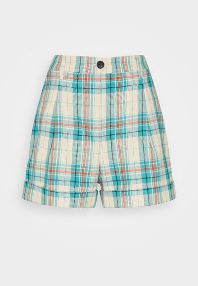 Calções de xadrez claros com tons de turquesa, creme e laranja. Projetados com uma bainha dobrada, pregas e um fecho frontal com botão.