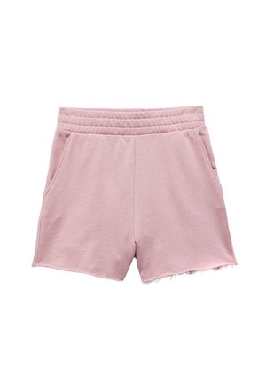 Shorts à taille élastique rose clair en tissu doux, dotés de deux poches latérales et d'un ourlet brut pour un look décontracté.