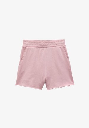 Helle rosa Shorts mit elastischem Bund aus weichem Stoff, ausgestattet mit zwei seitlichen Taschen und einem ungesäumten Saum für einen lässigen Look.