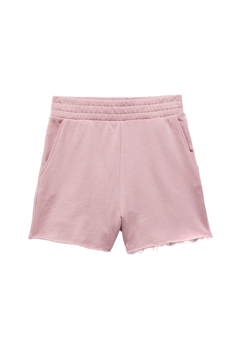 Shorts rosa claro con cinturilla elástica, hechos de un tejido suave, que cuentan con dos bolsillos laterales y un dobladillo sin terminar para un look casual.