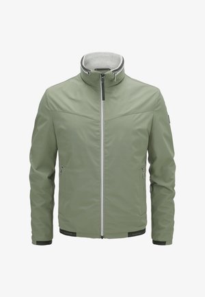 Hellgrüne Zip-up-Jacke mit hohem Kragen, zwei seitlichen Reißverschlusstaschen und schwarzen Akzenten an Bündchen und Saum.