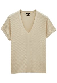 Beiges, geripptes Kurzarmshirt mit tiefem V-Ausschnitt und geradem Saum. Hergestellt aus weichem Stoff, mit subtiler Textur und vertikalen Linien.