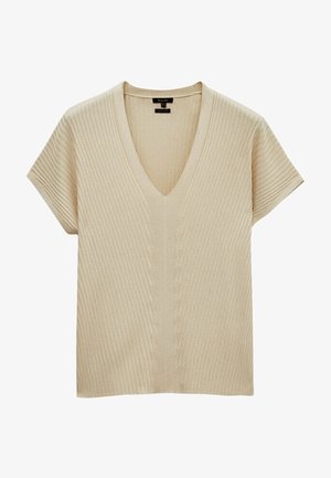 Beiges, geripptes Kurzarmshirt mit tiefem V-Ausschnitt und geradem Saum. Hergestellt aus weichem Stoff, mit subtiler Textur und vertikalen Linien.